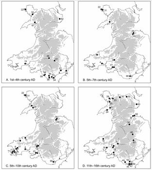 Distribution of dated later prehistoric to sixteenth-century corn-drying kilns in Wales. Land above 200m shaded.