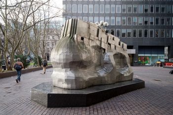 Piscator sculpture in site context, looking west towards Grant Thornton tower.