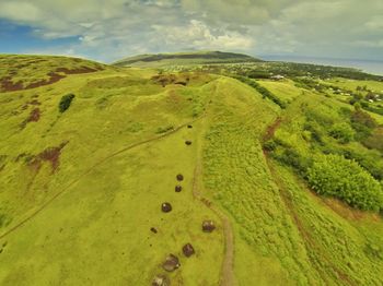 Aerial view of the pukao quarry at Puna Pau, Rapa Nui