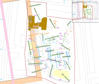 Image from associated archaeological watching brief report: Trial Pit location plan, showing previous archaeological works, geophysical survey results and archaeological features