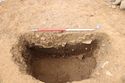 Thumbnail of Plan shot of pit [1005], facing north north-east. From Archaeological Recording at West of Culworth, Northamptonshire, England.