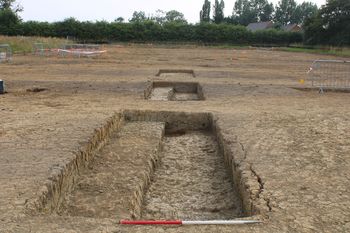 Pit 0215. Plan shot of feature, facing South West. From archaeological recording at Welsh Road, Boddington, Cutting, Northamptonshire, England.