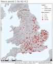 Thumbnail of The quantity of coins from Reece issue period 1 (To AD 41) from parishes in Britain visualised through graduating quantities