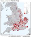 Thumbnail of The quantity of coins from Reece issue period 21 (AD 388-402) from parishes in Britain visualised through graduating quantities