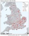 Thumbnail of The quantity of coins from Reece issue period 3 (AD 54-69) from parishes in Britain visualised through graduating quantities