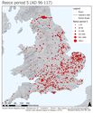 Thumbnail of The quantity of coins from Reece issue period 5 (AD 96-117) from parishes in Britain visualised through graduating quantities