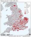 Thumbnail of The quantity of coins from Reece issue period 7 (AD 138-161) from parishes in Britain visualised through graduating quantities