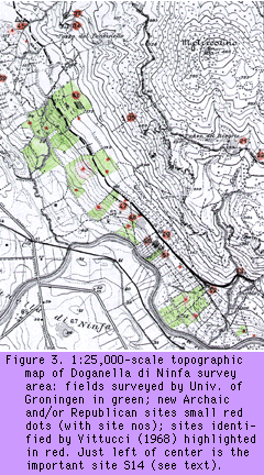 IMAGE: Figure 3.
1:25,000 scale topographic map of the Doganella di Ninfa survey area.
Fields surveyed by the RPC in green; new Archaic and/or Roman Republican
sites are represented by small red dots with site IDs in red; black
numbers highlighted in red are sites identified by Vittucci (1968). Just
left of center is the larger site S14 that hints at the potential
complexity of the Archaic settlement system.