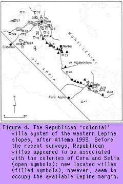 IMAGE: Figure
4. The Roman Republican colonial villa system of the western Lepine
slopes, after Attema 1993. Before the recent surveys
Republican villas appeared to be spatially tied to the colonies of Cora
and Setia (open symbols); the newly located villas however (closed
symbols), seem to occupy all of the available Lepine margin.