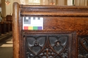 Thumbnail of Detail South Nave pew W upper back of decorated pew looking east