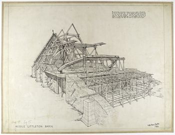 Reconstruction drawing of the construction of Middle Littleton Barn signed and dated by Freddie and Mary Charles.