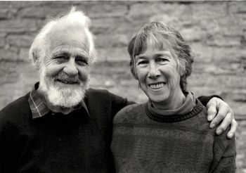 Photograph of chartered architects and timber-framed specialists F.W.B 'Freddie' and Mary Charles, taken by Malcolm Kirk and captioned 'With warm memories of my stay with you at Churchill Mill'. © Malcolm Kirk.