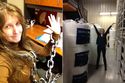 Thumbnail of Left to right: Rhonda, chained to her desk for the day (Halloween 2013), and Kira, celebrating a delivery of packing foam at the facility (winter 2014)