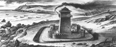 Reconstruction drawing by Alan Sorrell of the Roman signal station at Scarborough Castle (© English Heritage) 