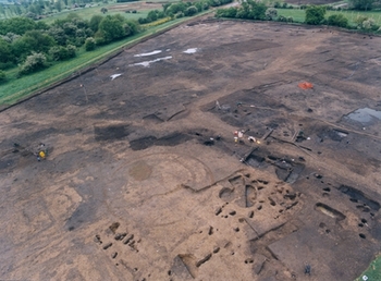 Aerial view of the temple complex at Elms Farm, Essex.