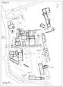 Thumbnail of 16.13 Plan of phase 5.5, mid- to late 14th century. The smoke house was demolished and S57 constructed to its south. Dairy S59 was built in the southern court and S41A and B were joined. Barn S35 was repaired and extended