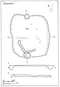 Thumbnail of 19.01 Plan and sections of S1, phase 3.1, earlier 6th century. The L-shaped feature may be an animal burrow