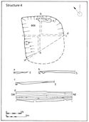 Thumbnail of 19.02 Plan and sections of S4, phase 3.1, earlier 6th century. Part of the structure was not available for excavation, being under the retaining bank of the Cocklake stream