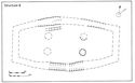 Thumbnail of 19.07 Plan of curved, possible boat-shaped building S8 comprising large slots, floor wear, and probably four central posts; the internal slot could mark a bench. Phase 4.1, mid-11th century