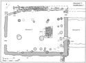 Thumbnail of 20.15 Plan of hall S17 in phase 5.4, mid- to late 13th to mid-14th century, extended northwards to join S19. A second doorway was constructed to the east and both eastern doors led to newly-constructed S54. The south-east corner was supported by a buttress and the new north wall had a replacement drain CF4. A temporary hearth was placed in the doorway but never used; a rectangular tile hearth was constructed near the east end. Some posts may have been scaffolding and it is uncertain whether there was a north aisle; some posts may have been decorative as well as structural