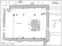 Thumbnail of 20.16 Plan of S17 in phase 5.5, mid- to late 14th century. The north wall was buttressed, with a small warming hearth SS32 set in the north-west corner over CF4. The main fireplace was extended to the east and south