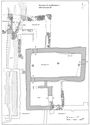 Thumbnail of 20.20 Plan of S19 in phase 5.4, mid- to late 13th to mid-14th century. When the south annexe was linked with the extended hall S17 the eastern passage and entrance were rebuilt in stone. The ditch to the north was replaced by stone walls, forming a pentice leading to the north door of S19. The bridge S32 was upgraded and linked with a garderobe chute at the west end of S19 which emptied into the latrine block drain