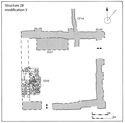 Thumbnail of 21.16 Plan of the final alterations to the prior's kitchen S28 made in phase 6.1, mid- to late 15th to mid- to late 16th century. The west wall was moved eastward to form a square building which was attached to the new manor house S63; SS50 was attached to this west wall, leaving the centre of the room clear