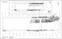 Thumbnail of 23.04 Plan of S42 in phase 5.4, mid- to late 13th to mid-14th century. Only part of stables was excavated. The plan's dimensions were derived from the bank upon which it was constructed and the excavated south-west corner. It was built over the southern part of S43. One side was covered with heavy-duty cobbling and a drain was seen in the north wall, debouching into the courtyard below