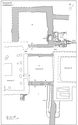 Thumbnail of 24.06 Plan of S54 modification 1 in phase 5.5, mid- to late 14th century. The south room C collapsed and a buttress was added to the corner of S17 to compensate. A strong cemetery wall over a drain was constructed to support the porch to S16. The north room A was given a new fireplace SS36 and a chimney base which would also have served the upper chamber. A stone tank and drain CF18 may have held water but may also have been a garderobe chute from the first floor, giving it comparative facilities with the old prior's lodgings S19 