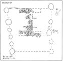 Thumbnail of 24.09 Plan of workshop S57 in phase 5.5, mid- to late 14th century. It was built in the west part of the northern court, and had an H shaped chimney base fired from the west. Its walls rested on two lines of padstones which narrowed; the building may have been open to the south