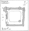 Thumbnail of 24.11 Plan of S59 modification 1 in phase 5.6, late 14th to mid-15th century. The north room of the building was dismantled and the remaining chamber was truncated with a new west wall