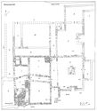Thumbnail of 25.04 Plan of the late medieval manor house S63 in phase 6.1, mid- to late 15th to mid- to late 16th century. The south part was built directly over its predecessor S17; the northern part, survived less well. An error in laying out the walls adjacent to chimney base SS47 (room C) resulted in walls being built at an angle instead of straight. The new hall (room G) had glazed bay windows, a timber floor, and central hearth SS59. A staircase in room I led to an upper storey; cess pit CF22 was in room J. M may have been a courtyard; R led to a pentice and room U was an entrance porch
