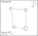 Thumbnail of 28.07 Plan of S102 in phase 5.6, late 14th to mid-15th century; it was a group of four posts seen to the north of Route X in Trench 8, possibly the base of a hay rick