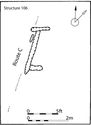 Thumbnail of 28.11 Plan of S106 in phase 5.2, late 12th century; it comprised a pair of rotted posts with a cross bar lying on the edge of Route C to the west of S21; it was probably a hitching rail for horses 