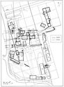 Thumbnail of 33.11 Plan of phase 5.5, mid- to late 14th century; the alignment of workshop S57, west of latrine block S27, was in keeping with other high status buildings in the west, while the dairy S59 in the southern court followed the original layout 