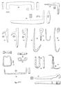 Thumbnail of 40.05 Illustrated artefacts, catalogue 28-42: masonry cramps, angle tie, wall anchor, wall hooks, staples, and looped spike