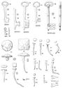 Thumbnail of 40.10 Illustrated artefacts, catalogue 85-104: keys, door studs, nails, and rove