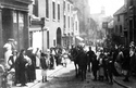 Thumbnail of The Wheatsheaf (High Street/Cross Street, Cheadle, Staffordshire Moorlands, Staffordshire) where in early August 1914 horses were brought to the yard to be inspected. The horses were brought back a couple of days later and handed over to the army in the Market Square. Horses in Cross Street 1914.