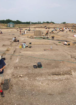 View across the site at Silchester, the upright wooden planking is the shoring for a deep well 