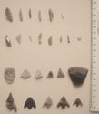 Thumbnail of Site 4 Bucking Hill High Moor: microliths (Rows 1-2), leaf shaped arrowhead (Row 3 no. 1), points (Row 3 no. 2-5), chisel shaped arrowhead (Row 3 no. 6), and barbed and tanged arrowheads (Row 4)