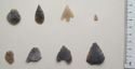 Thumbnail of Site 13 Backstone Beck Ilkley Moor: leaf shaped arrowheads (Row 1 no. 1,2; Row 2 no. 1,4), barbed and tanged arrowheads (Row 1 no. 3; Row 2 no. 2), British oblique arrowhead (Row 2 no. 3), and arrowhead fragment (Row 1 no. 4)