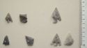 Thumbnail of Close-up of barbed and tanged arrowhead (Fig 88.jpg: Row 1 no. 1,3; Row 2 no. 3), unknown (Fig 88.jpg: Row 1 no. 2), points (Fig 88.jpg: Row 2 no. 1,2), and leaf shaped arrowhead (Fig 88.jpg: Row 2 no. 4)