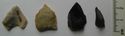 Thumbnail of between Shepherds Hill and Cloven Stones: 1-2. waste (obverse); Shepherds Hill: 3. worked piece (obverse), 4. worked piece/microlith? (obverse)