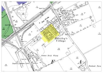 Hartley's Village area (yellow) depicted on the Ordnance Survey 25 map of Lancs. 1893