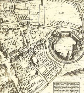 Fig. 27 Part of Agass 1578 map of Oxford looking from the north, showing the extent of open space at this time.