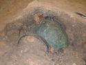 Thumbnail of The east mediterranean copper alloy basin <3> suspended on fe hook <175> on the east wall of the chamber, supported on its partially excavated soil block.