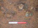 Thumbnail of Group of drinking vessels ranged along east wall of the burial chamber. From left: fragmented glass squat jar <36>, crushed decorative cu neck ring <48>, upright vessel with decorative cu neck ring <37>, and decorative cu drinking horn mount <49>.