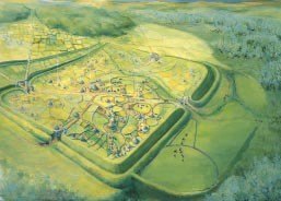 Artists reconstruction of the Iron Age Hillfort at Salmonsbury Camp