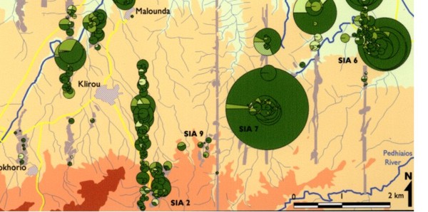 Figure 4. GIS analytical map of the SCSP survey area showing distribution and density of Hellenistic and Roman pottery. Broad background scatters and density peaks are clearly visible.