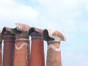Close up of chimney pots on south chimney.  Copyright: Historic Building Advisory Service.